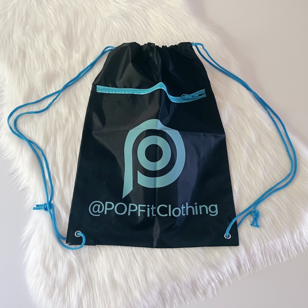 NWOT POP FIT Black Blue Drawstring Zipper Gym Bag Tote - Picture 3 of 7